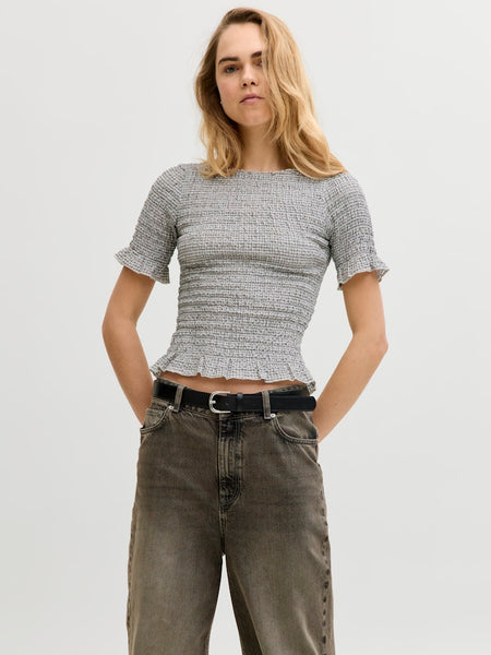JJXX Checked Short Sleeve Smock Top in Black