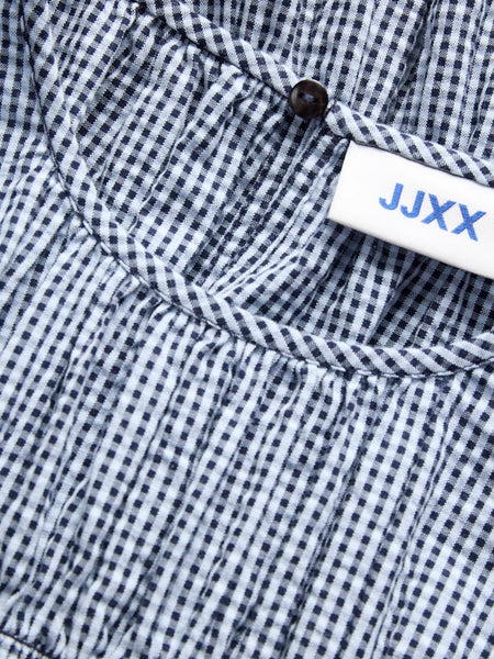 JJXX Checked Long Sleeve Smock Peplum Top in Navy