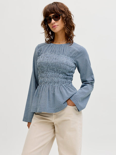 JJXX Checked Long Sleeve Smock Peplum Top in Navy