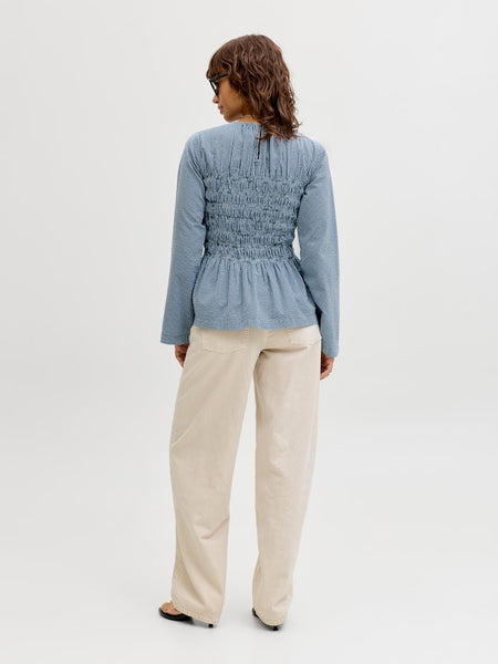 JJXX Checked Long Sleeve Smock Peplum Top in Navy