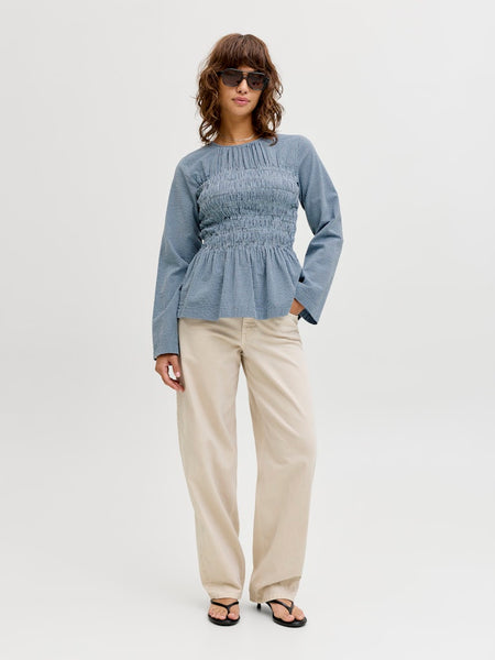 JJXX Checked Long Sleeve Smock Peplum Top in Navy