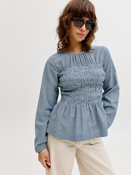 JJXX Checked Long Sleeve Smock Peplum Top in Navy