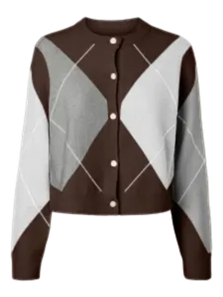 PIECES Argyle Knit Cardigan in Brown