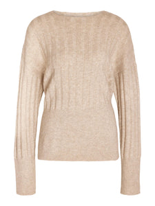 Noisy May Ribbed O-Neck Knit Top in Beige