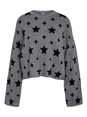 NOISY MAY Star Print O-Neck Knit Jumper in Grey