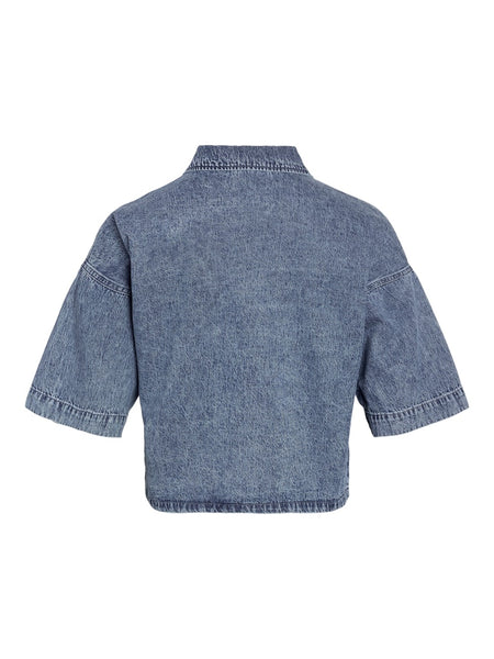 NOISY MAY Cropped Short Sleeve Denim Shirt in Medium Blue