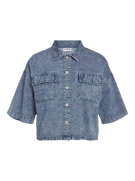 NOISY MAY Cropped Short Sleeve Denim Shirt in Medium Blue