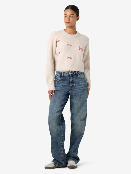 NOISY MAY Embroidered "Ho Ho Ho" Jumper in Beige