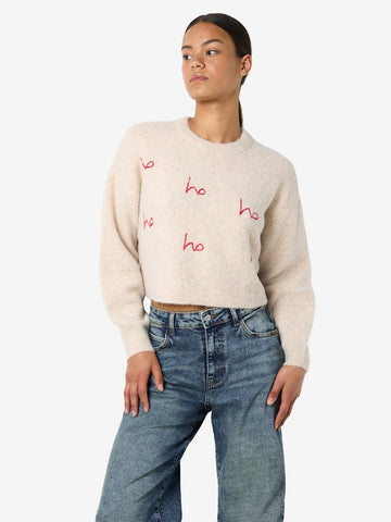 NOISY MAY Embroidered "Ho Ho Ho" Jumper in Beige