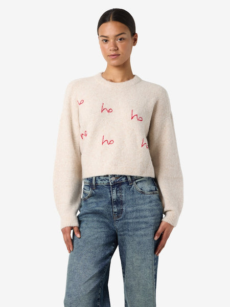 NOISY MAY Embroidered "Ho Ho Ho" Jumper in Beige