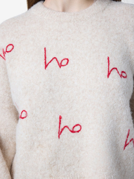 NOISY MAY Embroidered "Ho Ho Ho" Jumper in Beige