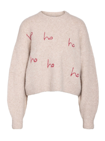 NOISY MAY Embroidered "Ho Ho Ho" Jumper in Beige