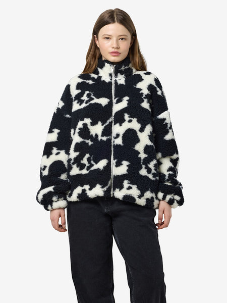 NOISY MAY Cow Print Zip-up Fleece in Black