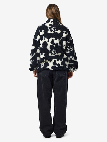 NOISY MAY Cow Print Zip-up Fleece in Black