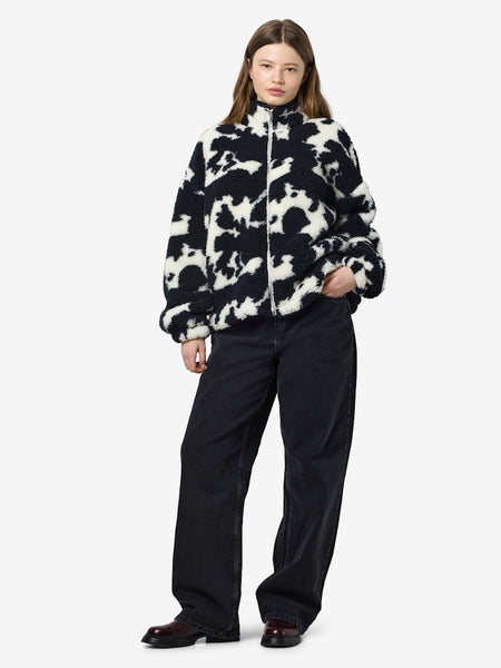 NOISY MAY Cow Print Zip-up Fleece in Black