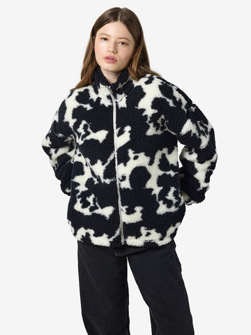 NOISY MAY Cow Print Zip-up Fleece in Black