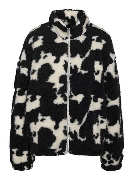 NOISY MAY Cow Print Zip-up Fleece in Black