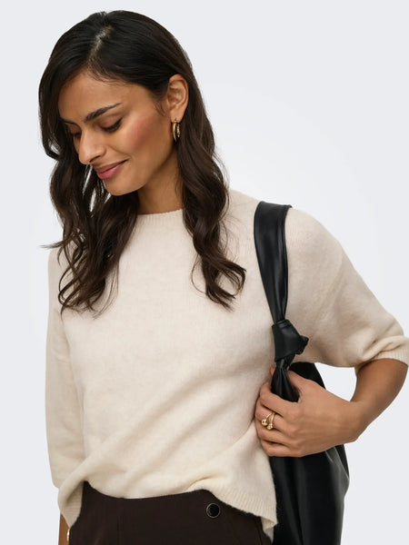 JDY 3/4 Sleeve Knit Top in Cream