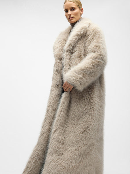 OBJECT Long Fur Coat in Beige