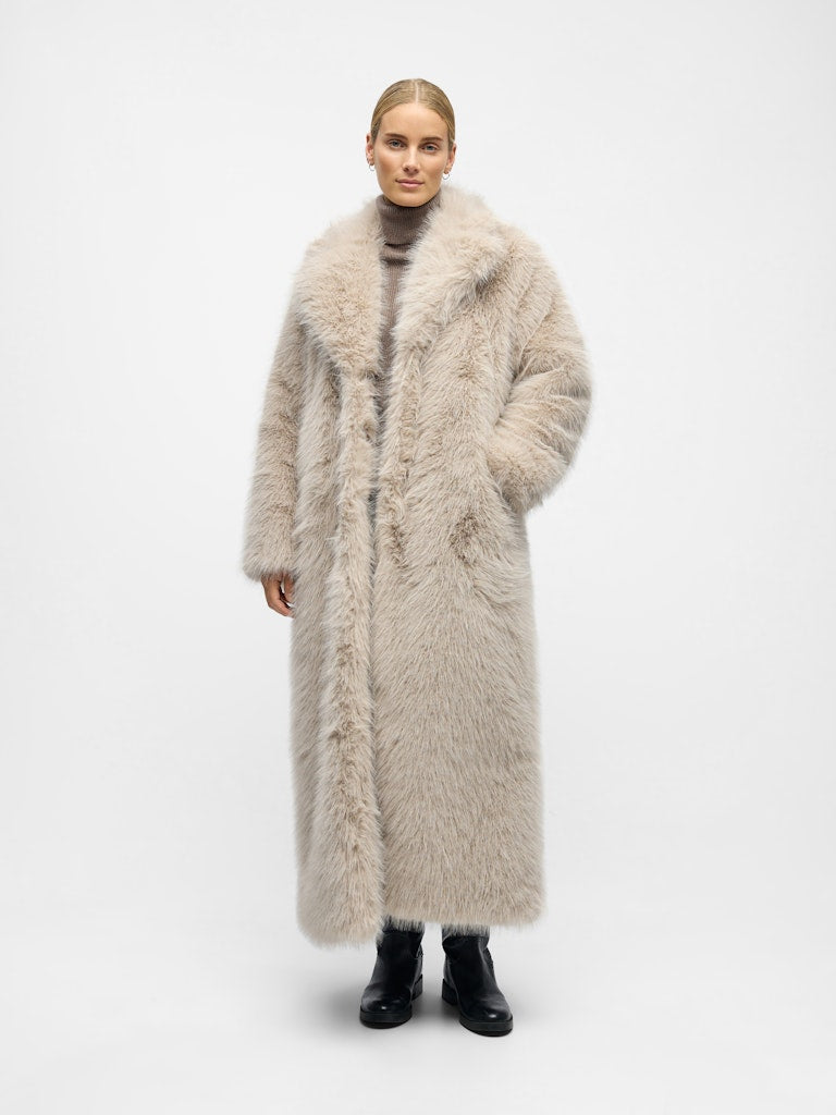 OBJECT Long Fur Coat in Beige