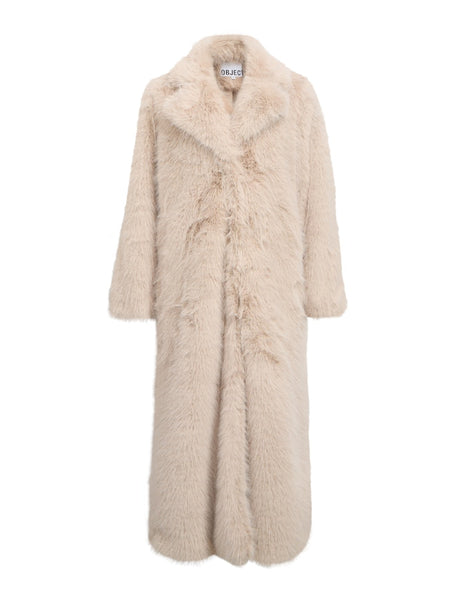 OBJECT Long Fur Coat in Beige