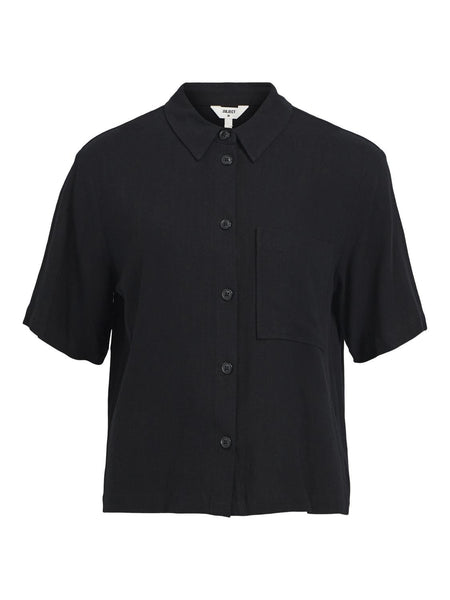 Object Short Sleeve Linen Blend Shirt in Black