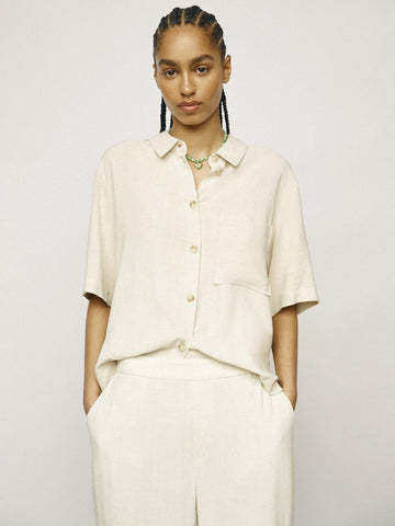 Object Short Sleeve Linen Blend Shirt in Beige