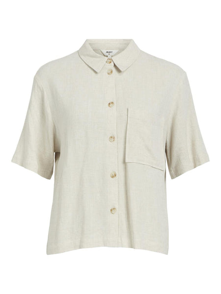 Object Short Sleeve Linen Blend Shirt in Beige