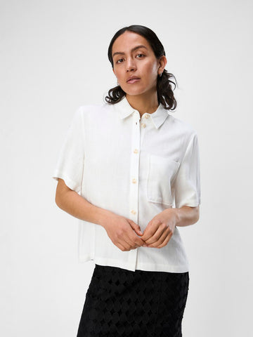 Object Short Sleeve Linen Blend Shirt in White