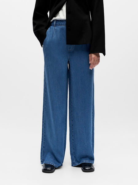 OBJECT Wide Leg Loose Fit Trousers in Medium Blue