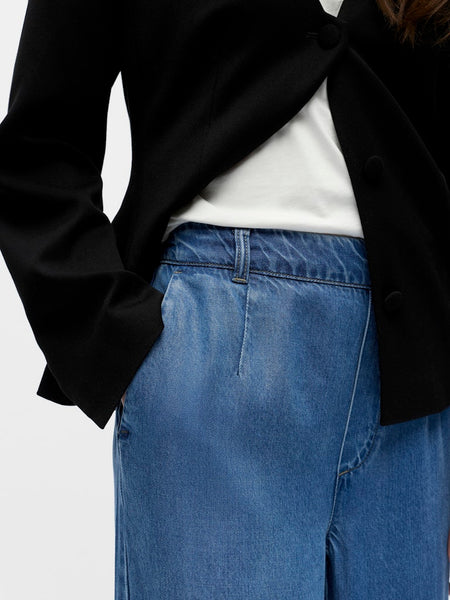 OBJECT Wide Leg Loose Fit Trousers in Medium Blue