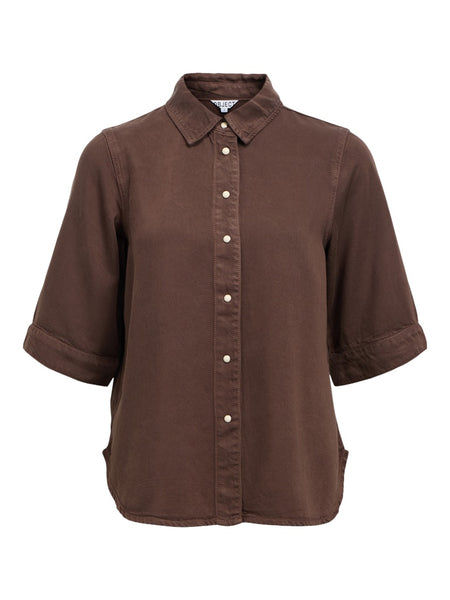 OBJECT 2/4 Sleeve Denim Look Shirt in Brown