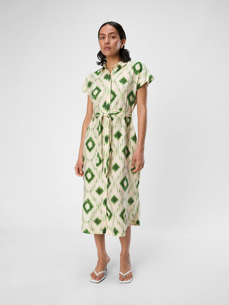 Object Patterned Short Sleeve Long Shirt Dress in Cream