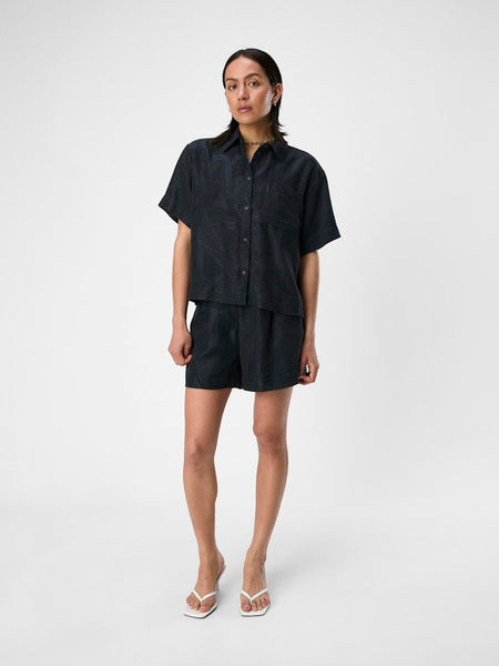 Object Textured Floral Short Sleeve Shirt in Black