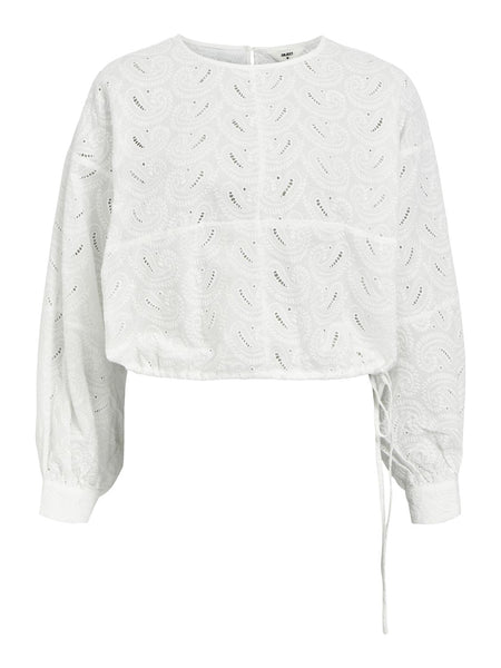 Object Embroidered Long Sleeve Crop Top in White