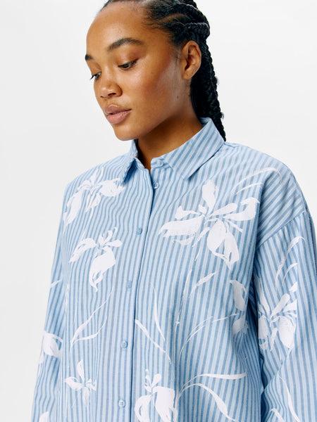 Object Floral Striped Short Shirt in Blue