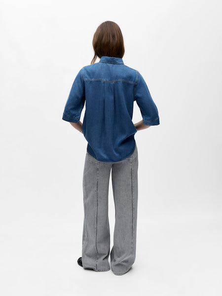 OBJECT 2/4 Sleeve Denim Look Shirt in Medium Blue