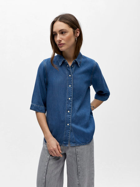 OBJECT 2/4 Sleeve Denim Look Shirt in Medium Blue