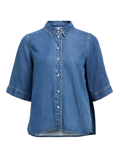 OBJECT 2/4 Sleeve Denim Look Shirt in Medium Blue