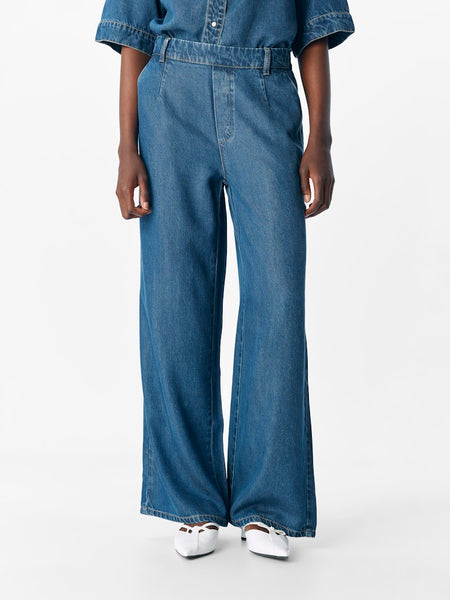 OBJECT Wide Leg Loose Fit Trousers in Dark Blue