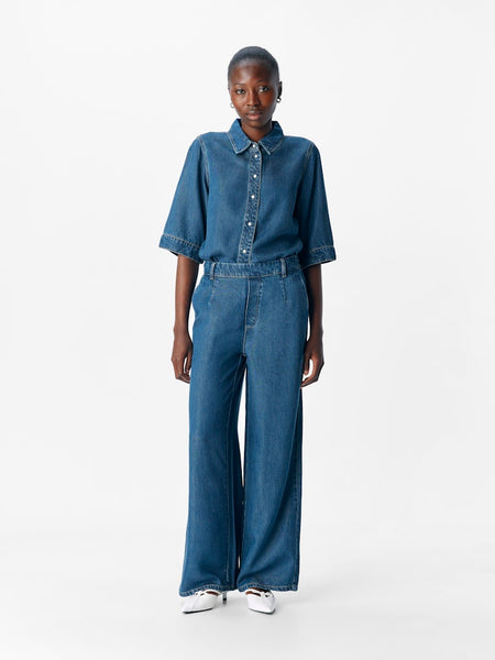 OBJECT Wide Leg Loose Fit Trousers in Dark Blue