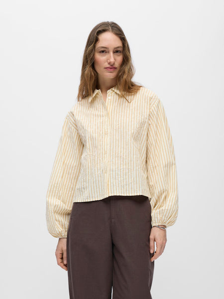 OBJECT Striped Embroidered Balloon Sleeve Shirt in Yellow