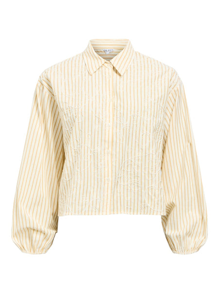 OBJECT Striped Embroidered Balloon Sleeve Shirt in Yellow