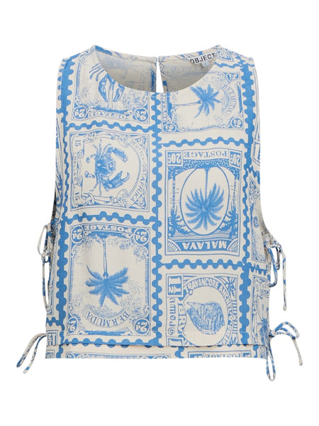 OBJECT Patterned Sleeveless Side Tie Cropped Top in Blue