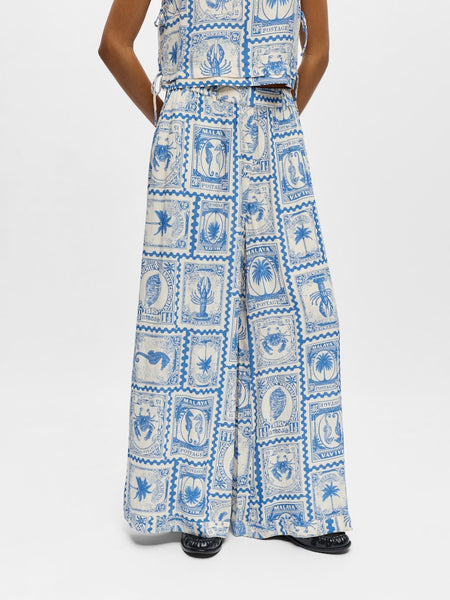 OBJECT Patterned Wide Leg Trousers in Blue