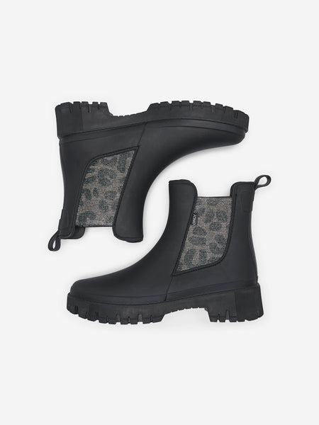 ONLY Short Leopard Detail Rain Boots in Black