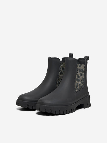 ONLY Short Leopard Detail Rain Boots in Black
