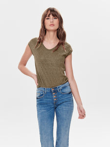 Only V-Neck Lurex T-Shirt in Taupe