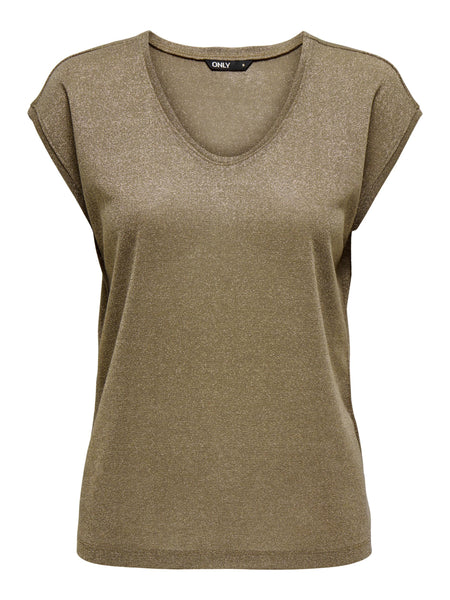 Only V-Neck Lurex T-Shirt in Taupe
