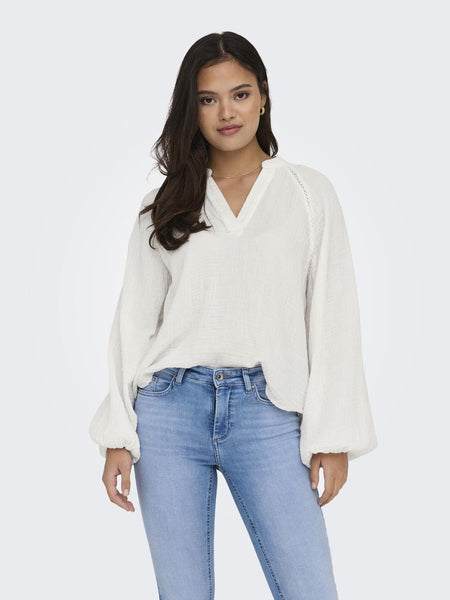Only V-Neck Long Sleeve Cotton Top in White
